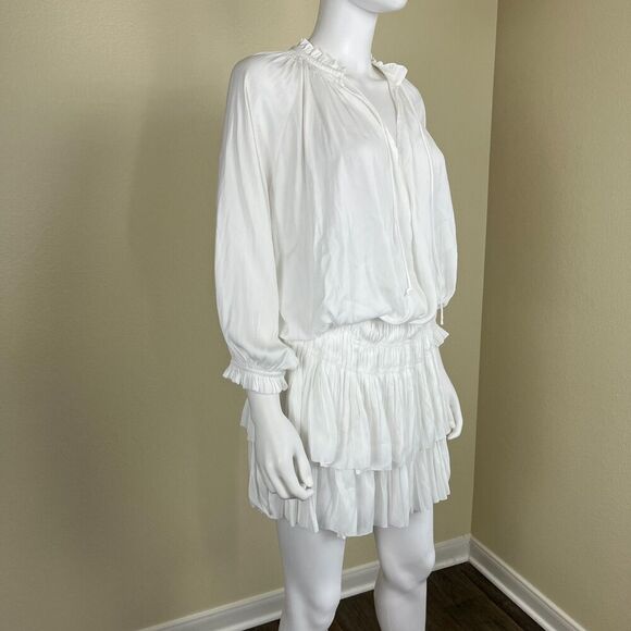 Current Air Women's Size L White Aurelie Pleated Tiered Ruffle Mini Smock Dress - Picture 7 of 14